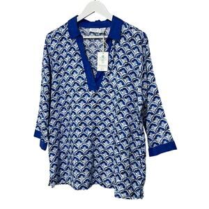 Sigrid Olsen Womens Size XLarge 100% Linen Popover 3/4 Sleeve Blouse Blue White